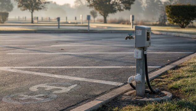 Closeup of RV campground hookup pedestal surrounded by empty paved pullthrough sites in early morning light highlighting peaceful low season conditions.