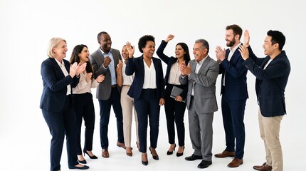 Obraz premium Diverse group of business professionals celebrating success with applause and smiles