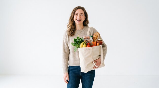 Happy Woman Holding Reusable Tote Bag Full of Groceries Fresh Produce and Bread on White Background