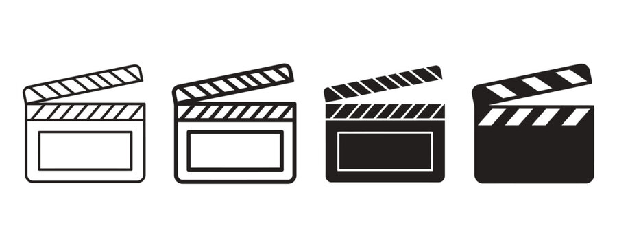 Set of film clapperboard icons, movie slate vector illustrations, cinema production equipment symbols in outline and solid styles