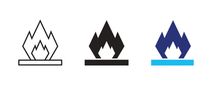 Set of three fire icons, flame symbols in different styles, vector illustration