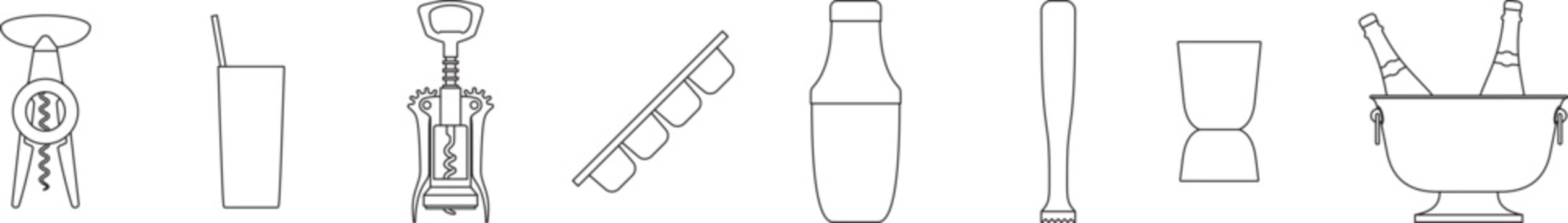 Drinkware accessories, bartender bar tool collection, corkscrew, shaker, jigger, ice cube tray, wine cooler, editable stroke, vector