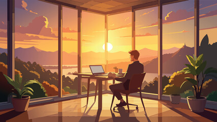 Fototapeta premium Professional working on laptop enjoying sunset panorama