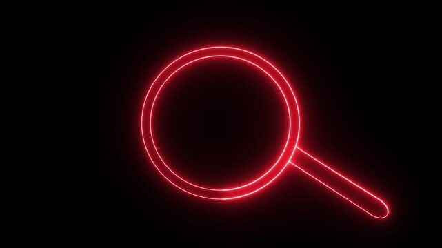 Neon red glowing search icon being drawn with continuous line animation on dark background representing web navigation finding data digital interface design.