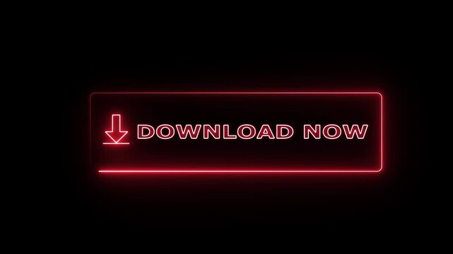 Neon download now button with a glowing red frame on black background with an arrow icon, a dynamic digital sign, a vibrant animation.