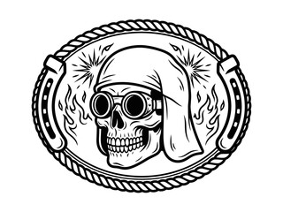 Fototapeta premium Side profile skull with protective goggles in a rope badge
