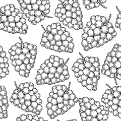 Obraz premium Seamless pattern with black and white grape bunches on white background. Hand drawn vintage engraving style vector illustration.