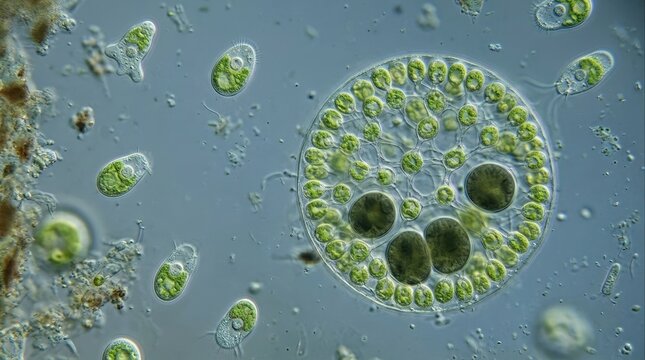 Volvox colonial green alga demonstrating the multicellular hurdle, showing primitive microscopic single cells bonded in a sphere, representing rare earth hypothesis evolutionary bottlenecks.