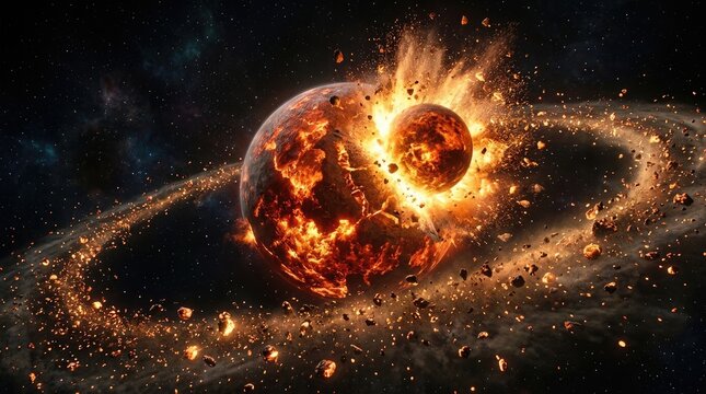 Catastrophic planetary collision of protoplanet theia with early earth, creating massive glowing molten debris ring, demonstrating lunar formation, cosmic impact event, deep space background.