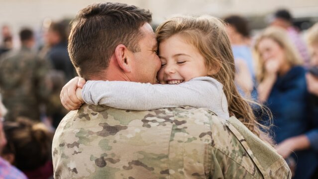 military father in camouflage uniform embracing his happy young daughter during a crowded homecoming event