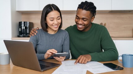 Obraz premium Smiling diverse couple reviewing mortgage paperwork and online credit application on laptop with calculator in modern kitchen, working together on family financial planning and budget.