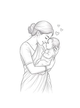 Indian mother gazing at her newborn baby with hearts line art drawing
