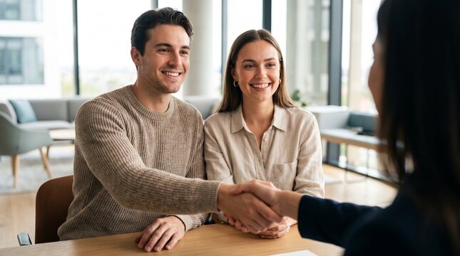 Happy young couple handshaking real estate agent after signing home mortgage deal in office. Satisfied client handshake with financial advisor buying house property investment.