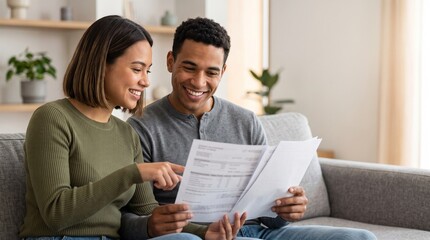 Obraz premium Happy young diverse couple sitting on sofa reviewing bank mortgage documents financial tax statement papers and planning family budget loan application together in modern home living room.