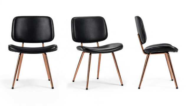 3 midcentury black leather chair isolated on white background