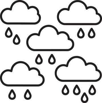Simple line art icon set featuring multiple rain clouds with falling water droplets on a white background