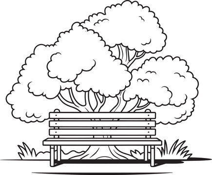 A simple black and white line drawing of a wooden park bench sitting under a large leafy tree