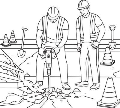 Line art illustration of two construction workers using a jackhammer to break up concrete on a road site