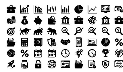 Fototapeta premium Minimal Black Investment Icon Set with Wealth Management, Portfolio Growth and Financial Planning Elements