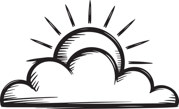 Hand drawn sketch of a sun rising behind a fluffy cloud on a light textured paper background