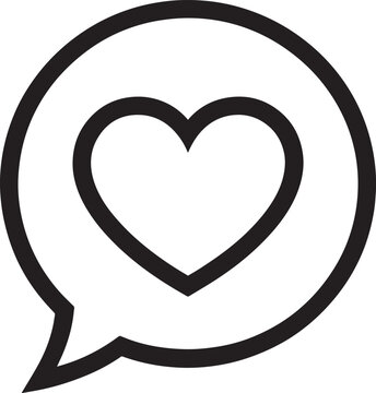 A simple black and white line art icon of a heart shape inside a speech bubble for social media