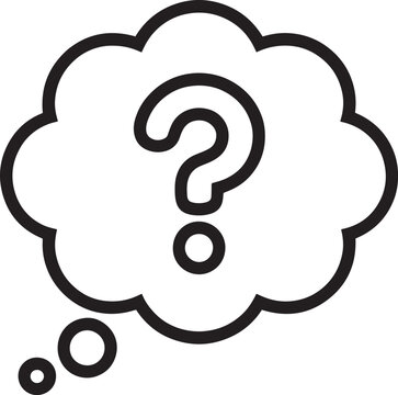 A simple black and white line art icon of a thought bubble containing a question mark symbol