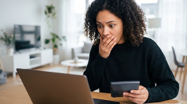Shocked young woman looking at laptop screen holding calculator in surprise, stressed about high mortgage interest rates, bill payment expense or unexpected debt bank account balance.