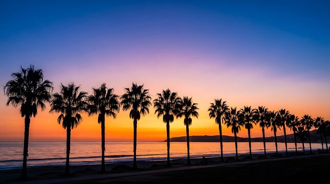 Sunset over palm-lined pier with vibrant sky. Golden hour seaside boardwalk at dusk with warm tones.
