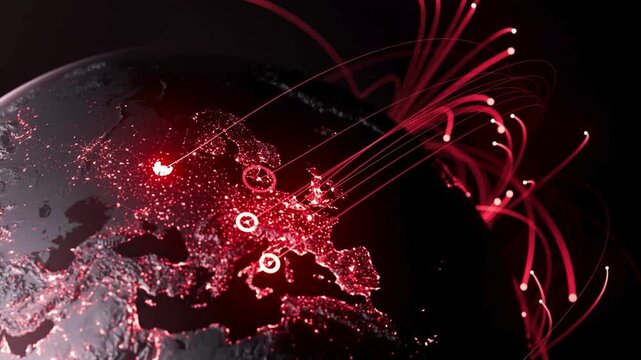 Abstract global data network animation showing red glowing fiber optic lines connecting continents on digital earth globe against dark black space background.