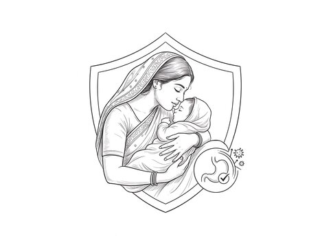 Protective mother nursing baby with shield and virus symbols line art illustration