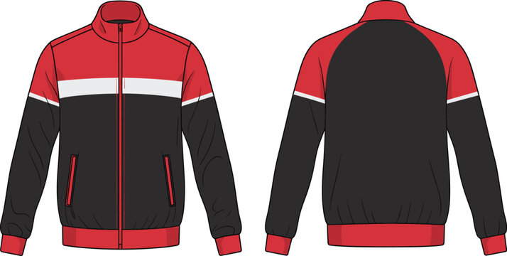 Men track jacket technical flat sketch template front and back view vector illustration isolated on white background for apparel design