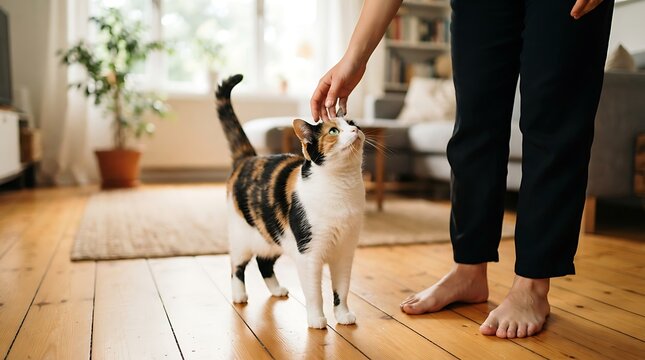 Person petting a playful striped cat indoors. Gentle owner interacting with curious feline on wooden floor.