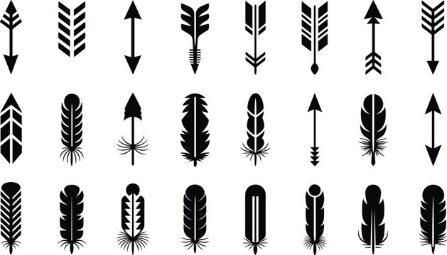 Tribal ethnic arrow and feather black silhouette icons vector collection set isolated on transparent background for design