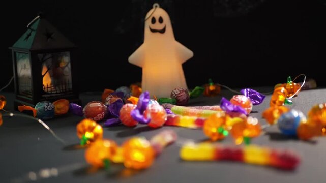Halloween ghost light and pumpkin lights with candy on dark table