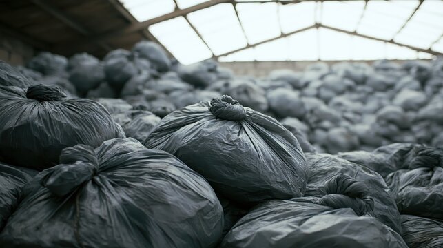 Trash bags pile inside a dark warehouse facility represent the global crisis of waste management and environmental.