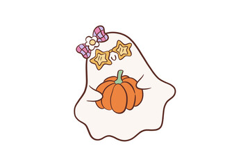 Kawaii autumn spirit holding ripe orange pumpkin wearing star sunglasses for festival Design