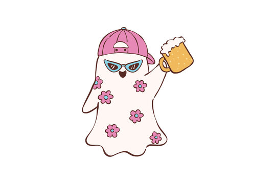 Funny spooky ghost wearing pink cap drinking mug of beer at festive halloween party Design