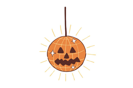 Glowing orange halloween pumpkin face stylized as retro disco ball hanging illustration Design