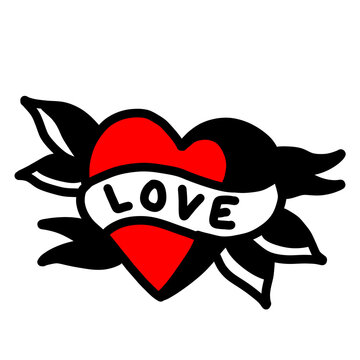 Edgy retro tattoo heart design with love banner.