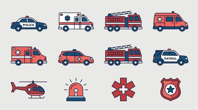 Emergency services vehicles and public safety icon collection.