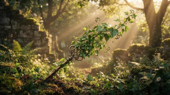 Vintage ornate key covered in ivy in a sunlit forest