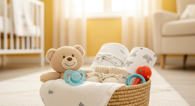 Baby Gift Basket with Teddy Bear, Booties, Pacifier and Blankets in a Sunny Nursery Interior