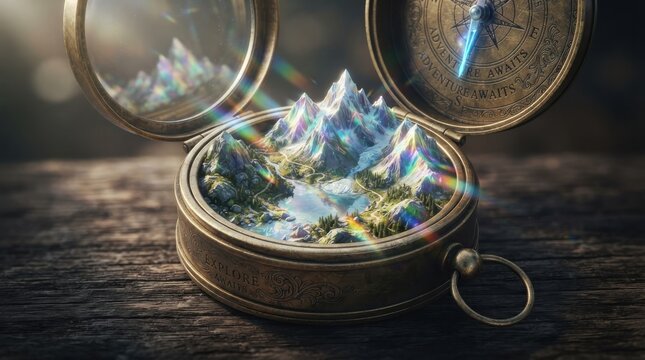 Miniature mountain landscape inside an antique compass