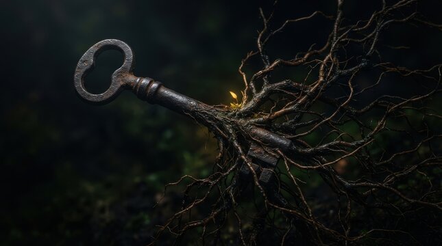 Old metal key with organic tree roots growing on it