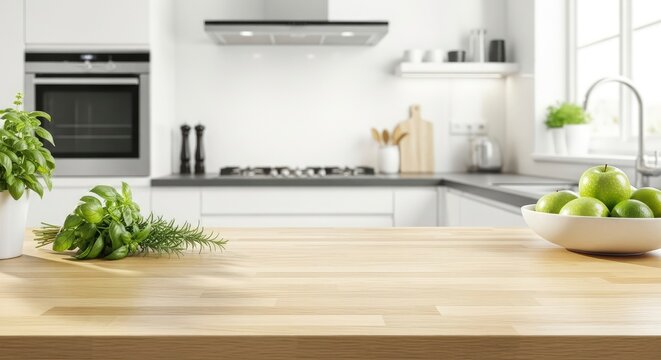 Modern kitchen interior with empty wooden table top background, fresh green herbs and bowl of apples