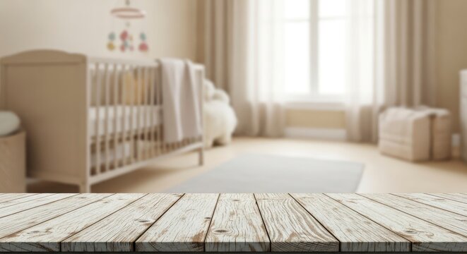 Empty white wooden table top for product placement with blurred baby nursery background, interior room mockup