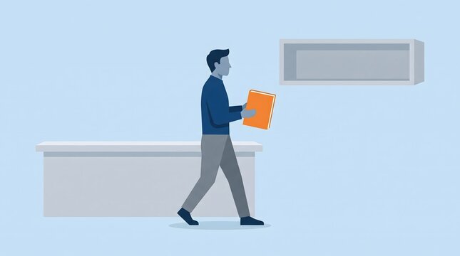 Office Walker: A businessman walks with a document in an office, with a desk and a shelf in the background.