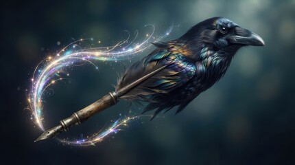 Naklejka premium Raven bird merging into fountain pen with magical light