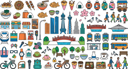 Naklejka premium Japanese City Travel and Lifestyle Flat Vector Icon Collection with Food Transportation Shopping Landmarks and Urban Culture Elements