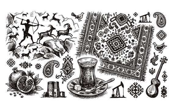 Azerbaijan national symbols collection showcasing ornate rug pear glass of tea musical instrument oil derrick and rock art